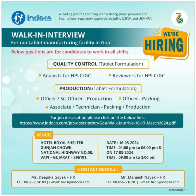 Indoco Remedies Ltd - Walk-In Interviews for Quality Control, Production on 16th & 17th Mar 2024